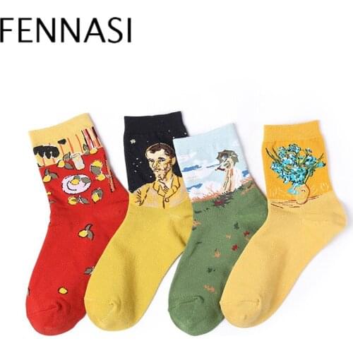 FENNASI Casual Cotton Man Woman Socks Personality Painting Pattern Breathable Soft Novelty Socks Summer Autumn Mid Tube Sock