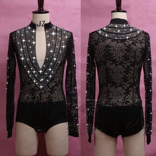 New Latin Dance Tops Adult Long Sleeve Elastic Lace Shirt Latin Practice Wear Standard Competition Mens Ballroom Shirts BL2005