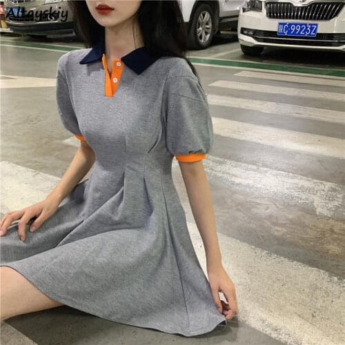 Dress Women Patchwork Student Harajuku Minimalist Mujer Korean Sytle All-match Soft Fashion Button Design Summer Puff Sleeve Ins