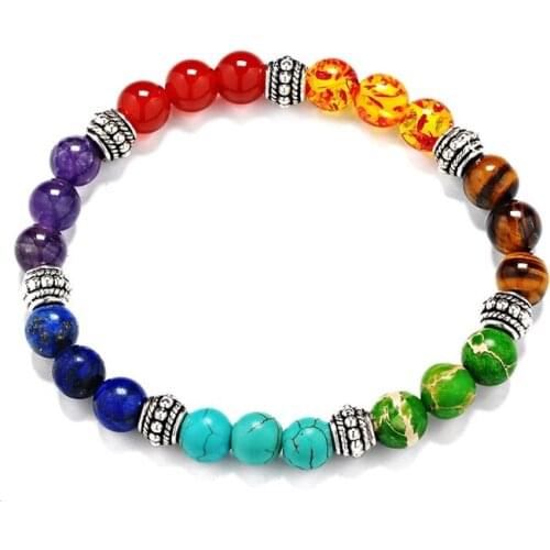 Rainbow Reiki Healing Balance Beads 7 Seven Chakras Bracelet Natural Stone Purple Tiger Yoga Energy Bracelet Jewelry