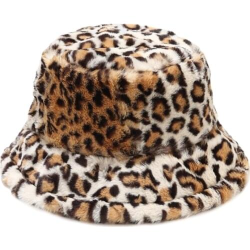 Retro Leopard Print Faux Rabbit Fur Hats Wide Brims All-match Fall Winter Fluffy Bucket Hats for Women & Men Lovers