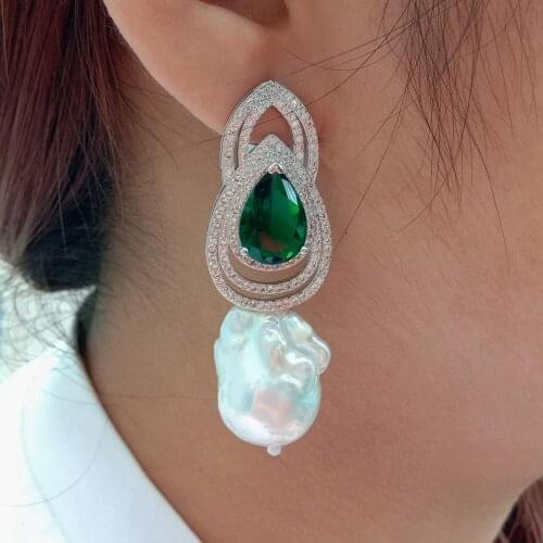 Cultured White Keshi Pearl Green Cubic Zirconia Rhinestone silver color plated Stud Earrings For Women