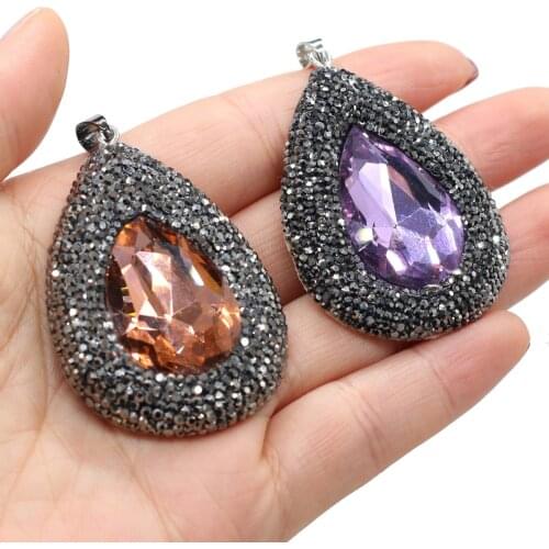 Colorful Glass Rhinestones Pendant Retro Crystal Rhinestone Leather Charms for Women Jewelry Making DIY Necklace Gift 38x53mm