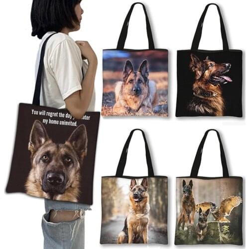 German Shepherd Dog Print Tote Bag Casual Woman Shoulder Bag Storage Bags Cute Dog Girl Foldable Handbag