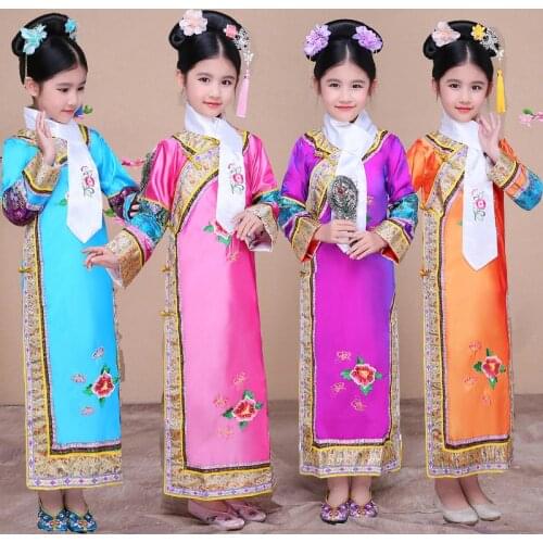 Girls Princess Qing Dynasty Dance Costume Childrens Chinese Folk Costume Embroidery Hanfu Dress Cosplay Stage Performance