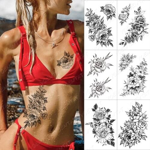 Lines Roses Snake Flowers Temporary Tattoo Sticker For Men Women Adult Peony Waterproof Fake Henna Body Art Tattoo Decal