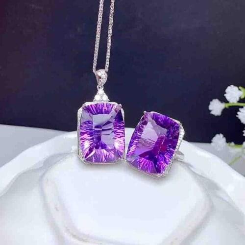 S925 Natural Amethyst Jewelry Sets for Women Party Necklace and Ring Fine Jewelry Violet Crystal February Birthstone Gifts S115