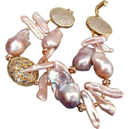 YYGEM 2 strands Natural Nucleated Flameball Baroque Pearl Biwa pearl Bracelet Cubic Zirconia pave gold filled clasp 8"