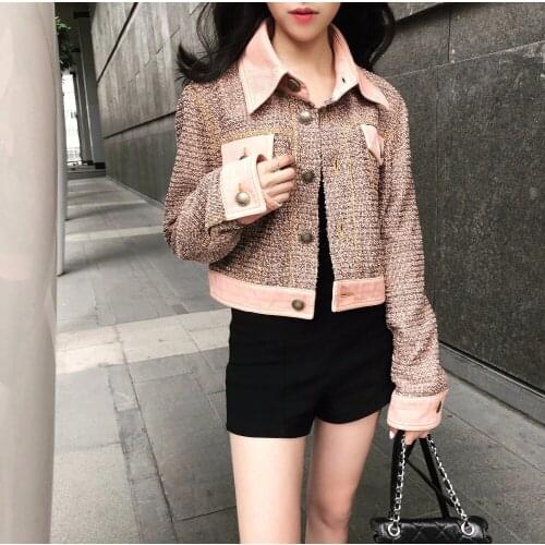 High quality pink blue tweed jacket 2018 autumn womens jacket new long-sleeved hit color ribbon metal buckle Tweed jackets