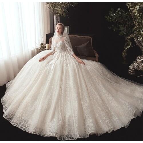 Vestidos De Novia High Neck Ball Gown Wedding Dresses Three Quarter Sleeve Luxury Robes De Mariage Beading Appliques Trouwjurk