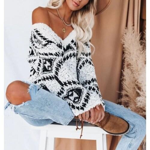 2021 Autumn Winter Loose Womens Knitwear Sweaters Pullovers Sexy V-Neck Korean Print Knitted Casual Oversized Knit Sweater
