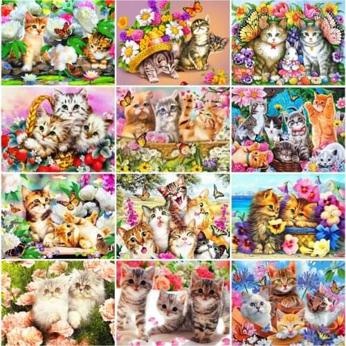 AZQSD 5D Diamond Painting Cat Flowers Cross Stitch Rhinestones Needlework Diamond Embroidery Animal Mosaic Home Decoration Gift