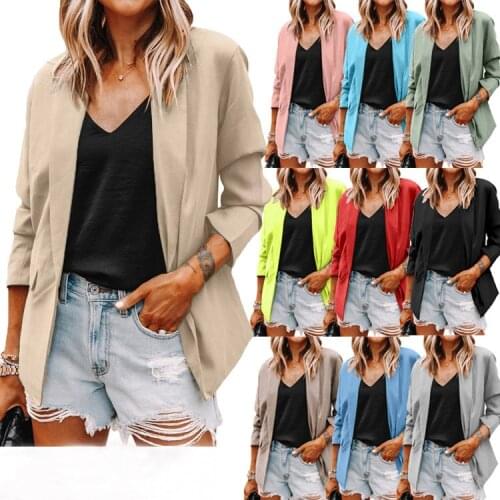 2021 Autumn and Spring Suit Coat Womens Fashion Casual Lapel Slim Cardigan Female Solid Color Long Sleeve Coat