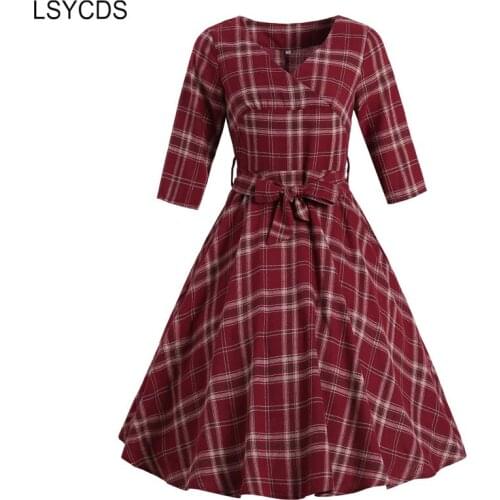 LSYCDS Burgundy Plaid Vintage Autumn Dresses New V-Neck High Waist Pinup Three Quarter Sleeve A-Line Party Women Dress with Belt