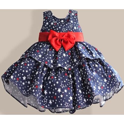 Star Print Red Bow 100% Cotton Layers Baby Girls Dress 1 year birthday party wedding kids clothes infant toddler wear 3M 6M 12 4