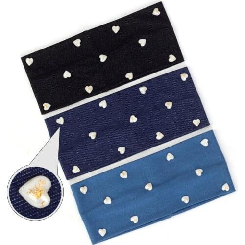 Fashion Women Denim Headband Gold Foil Heart Accessories Handmade Hairband For Girls Female Flat Stretchy Turban Head Wrap Yoga