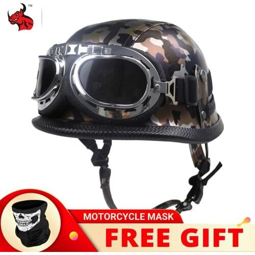 Motorcycle Helmet PU Leather Style Black German Motorbike Open Face Half Helmet Chopper Biker Pilot Scooter Cruiser Moto Helmet