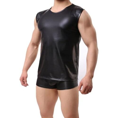 Mens Sexy Soft Sheath Leather Sleeveless Tops Erotic Shaping Stretch Shirts Latex Bodycon Metallic Leather T-shirts Vest Sexi