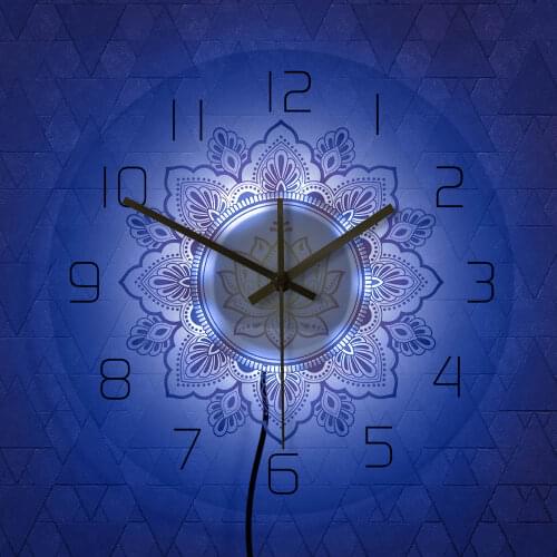 Mandala with Lotus Flower Printed Wall Clock OM Studio Psychological Counseling Room Decor Bohemian Wall Hanging Art Night Light