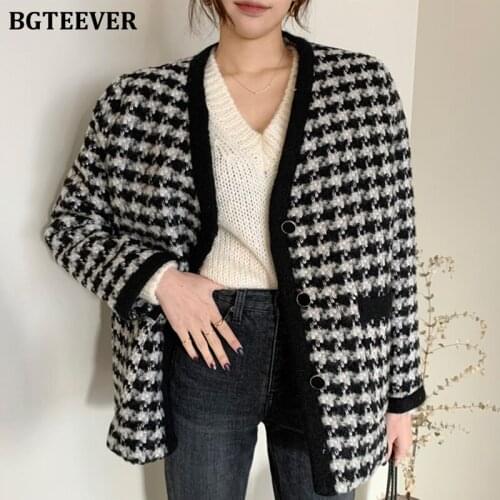 BGTEEVER Autumn Winter Thicken Warm Loose Women Plaid Woolen Coats Vintage Ladies Single-breasted Outwear Tops Female Cardigans