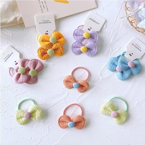 2pcs/set) Super elastic hair tie bands rope gums handmade bowknot with fabric button deco size 3cm hair ponytial holder