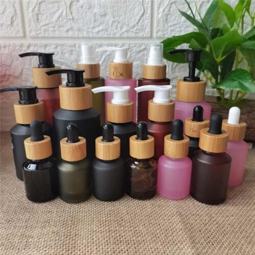 Pink/Amber/Black frosted Glass Bottle Pump Bamboo Cap Dropper Cap ,Cosmetic Packing,Packing For Liquid Oil