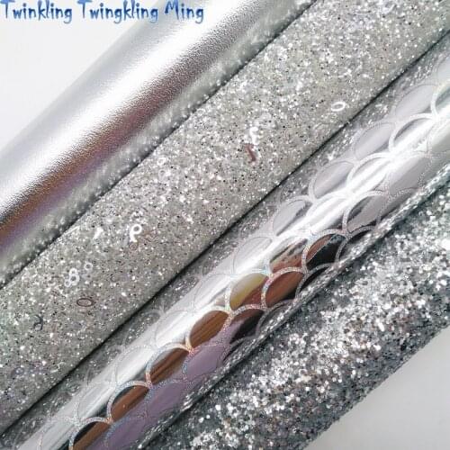 Silver Glitter leather, Mirror Mermaid Synthetic Leather Faux Fabric Sheet For Bow 21x29CM Twinkling Ming KM386