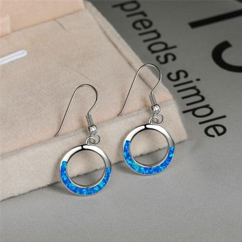 Cute Female Blue Opal Drop Earrings Classic Silver Color Dangle Earrings Vintage Hollow Round Wedding Earrings For Women