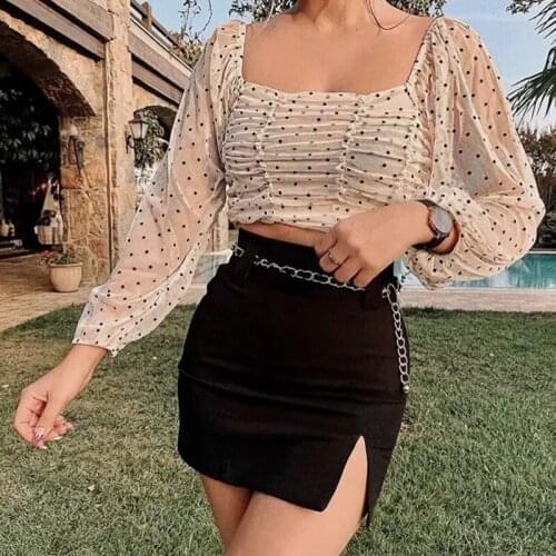 2020 Women Fashion Polka Dot Transparent Short Blouse Vintage Square Collar Draped Smock Casual Girls Chic Tops