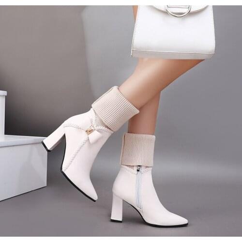 Womens Sexy Pointed Toe High Heels Socks Boots Autumn Winter Fashion Knitted Stretch Boots Women Black Ankle Sock Boots 33-43