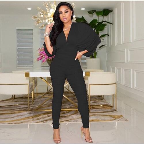 Draped Ruched Pleated Rompers Womens Jumpsuit Deep V Neck Batwing Sleeve One Piece Overall Simple High Waist Skinny Bodysuits