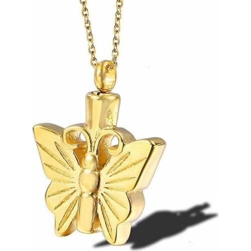 Stainless Steel Gold Butterfly Cremation Ash Urn Pendant Necklace Insect Jewelry Gift For Human with Chain