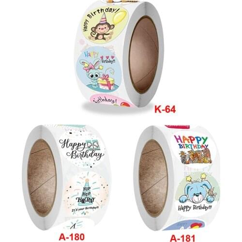 500Pcs/Roll Happy Birthday Gift Packaging Seal Labes Round Shape Stationery Sticker Cartoon Pattern Good for Birthday Party