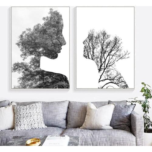 Abstract Forest Tree Girl Nordic Posters and Prints Canvas Painting Wall Art Pictures for Living Room Home Decor