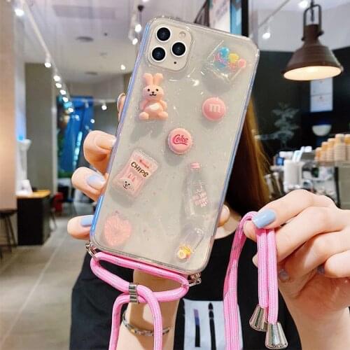 Lanyard Strap Cord Chain Phone Case on For iPhone 12 11 Pro Max 12 Mini XR X XS Max 6 6s 8 7 Plus SE 2020 case soft Clear cover