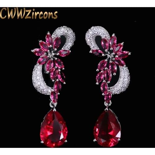 CWWZircons Elegant Cubic Zirconia Pave Bridal Long Red Crystal Stones Earrings for Wedding Costume Jewelry CZ233