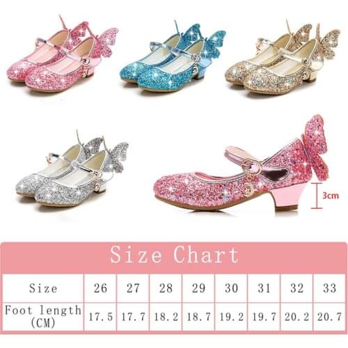 Sequins Decoration 3CM High Heels 1Pair Crystals Shoes With Butterfly Leather Shoes For Girl 4Colors Fashion Kids Shoes