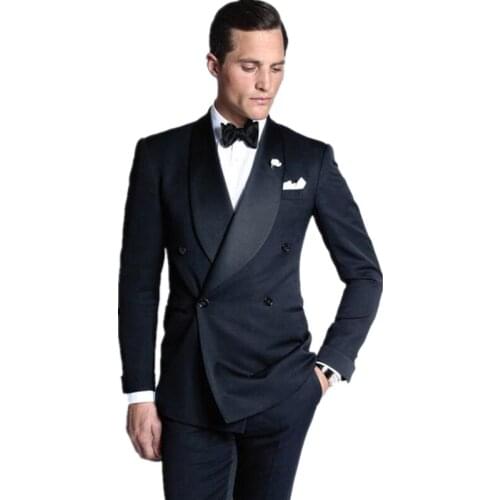Handsome Double-Breasted Groomsmen Shawl Lapel Groom Tuxedos Wedding Dress Men Suits Blazer Prom Dinner (Jacket+Pants+Tie) K388