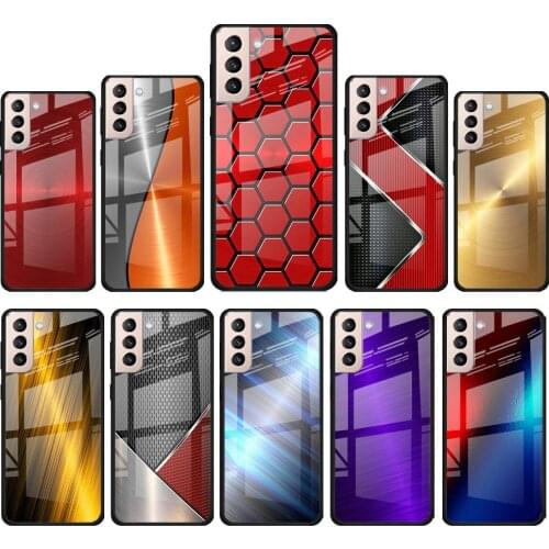 Red Blue Brushed Metal for Samsung Galaxy S21 Ultra Plus A72 A52 4G 5G M51 M31 M21 Luxury Tempered Glass Phone Case Cover