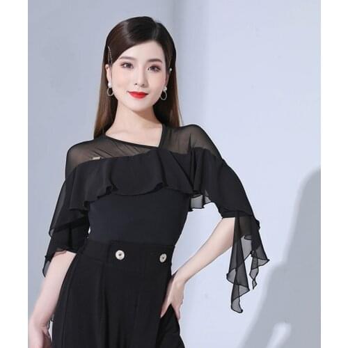 Latin Dance Performance Clothes Irregular Mesh Sleeve Fashion Women Rumba Samba Dancing Leotard Summer Practice Wear YS2089