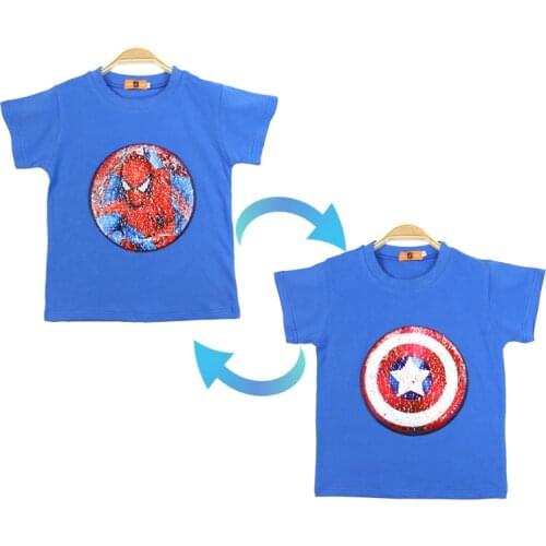 Summer Boys T-shirt Clothing 1 Piece Of Velcro Sequins Change Graphics Cotton Fashion Childrens Super Hero Spiderma Kids Tops