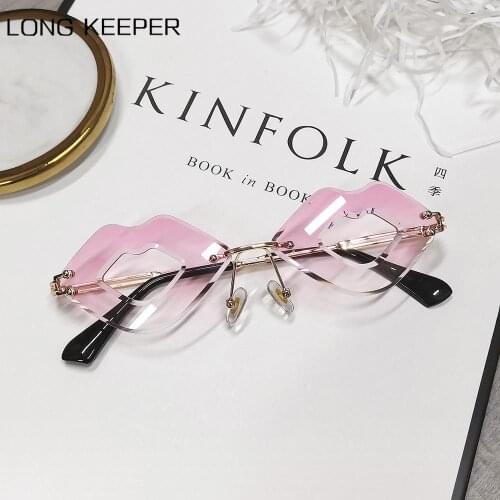 LongKeeper Fashion Rimless Sunglasses Women Unique Lips Shape Sun Glasses Ladies Punk Hollow Eyewear oculos de sol feminino