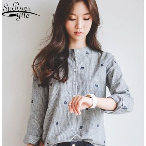 New 2021 Fashion Grey Striped Women Blouse Shirt Long Sleeve Leaf Embroidery Womens Clothing Office Ladys Tops Blusas 335F 30