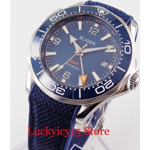 BLIGER Fashional Self Winding Men Wristwatch Blue Dial GMT Function Rubber Strap Rotating Bezel