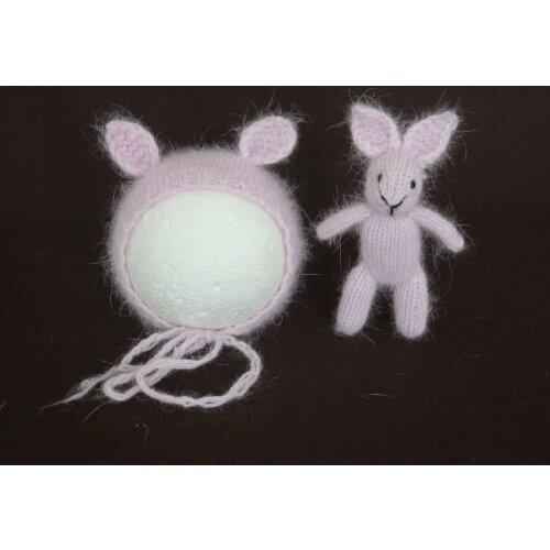 HandKnitted Bunny Hat Set New Born Photo Props Fluffy Rabbit Toy Baby Animal Hat And Toy Set Newborn Ears Bonnet Props