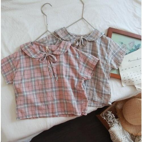 2021 new girls boys plaid shirt cotton linen summer short sleeve kids top