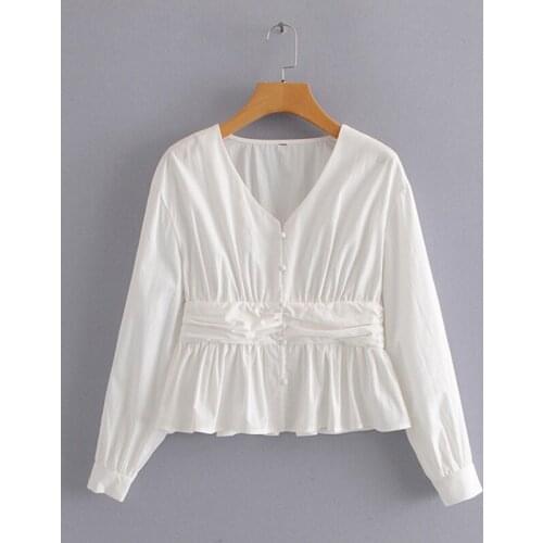 PERHAPS U Women French Vintage White Blue Solid V Neck Button Long Sleeve Shirt Blouse Autumn B0657
