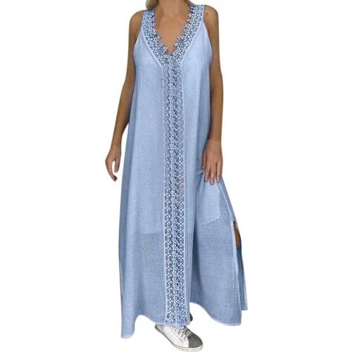 Платье dresses Women Solid Color V Neck Sleeveless Lace Patchwork Slitting Hem Long Vest Dress summer dress robe платье женское