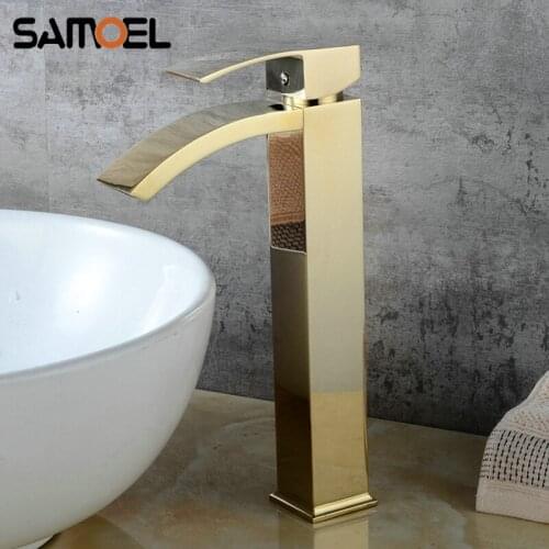 Luxury Golden Waterfall Basin Faucet Mixer Deck-mount Copper Square Gold Bathroom Hot Cold Water Tap torneira banheiro G1150
