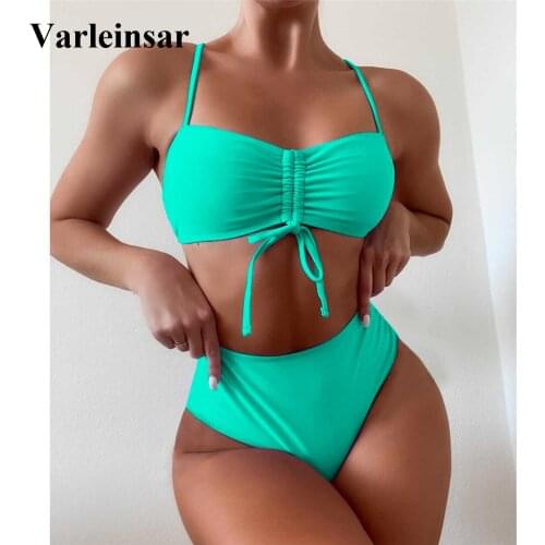 Sexy Cross Back Lace Up Female Swimsuit High Waist Bikini Women Swimwear Two-pieces Bikini set Bather Bathing Suit Swim V3083